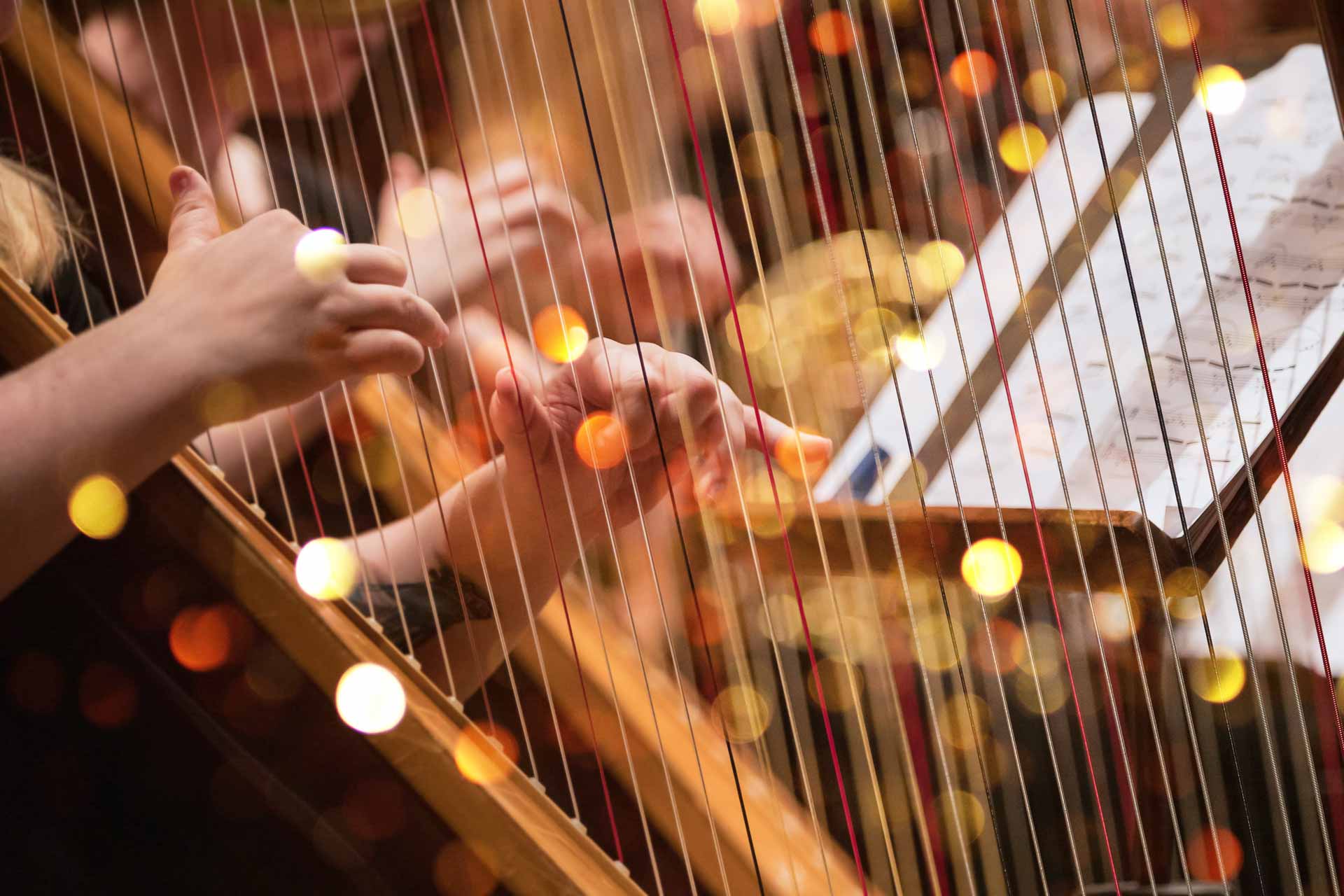 Close up of a harp player plucking on harp strings