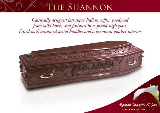 the shannon classically designed coffin with finished in high gloss with wood bar metal handles