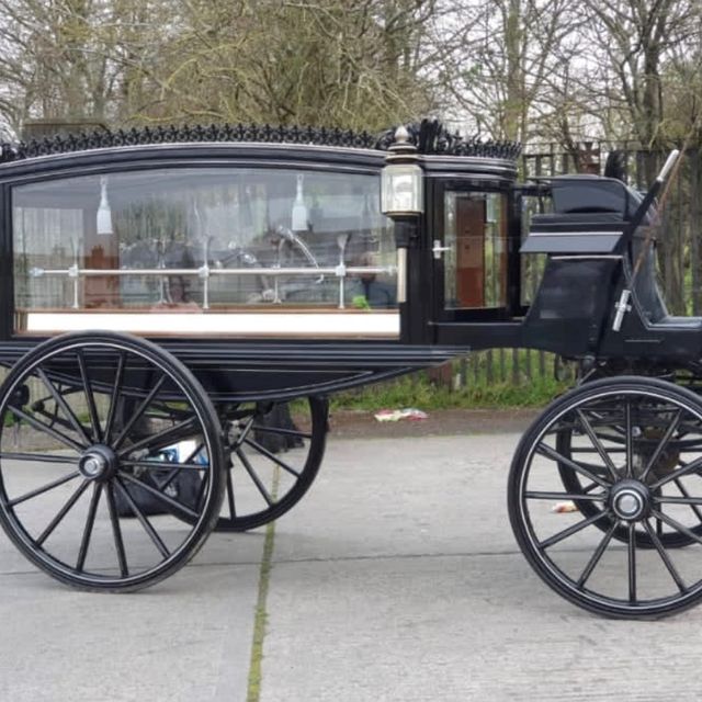 A side angle of a black horse drawn Hearse