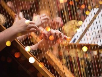 A harp player plucking on harp strings 
